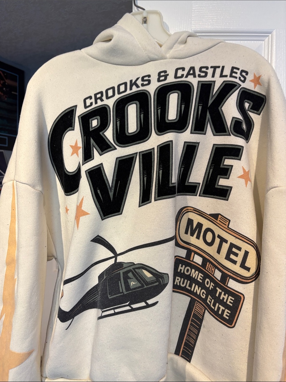 Crooks & Castles Cream Crewneck Hoodie with Black & Tan Graphics